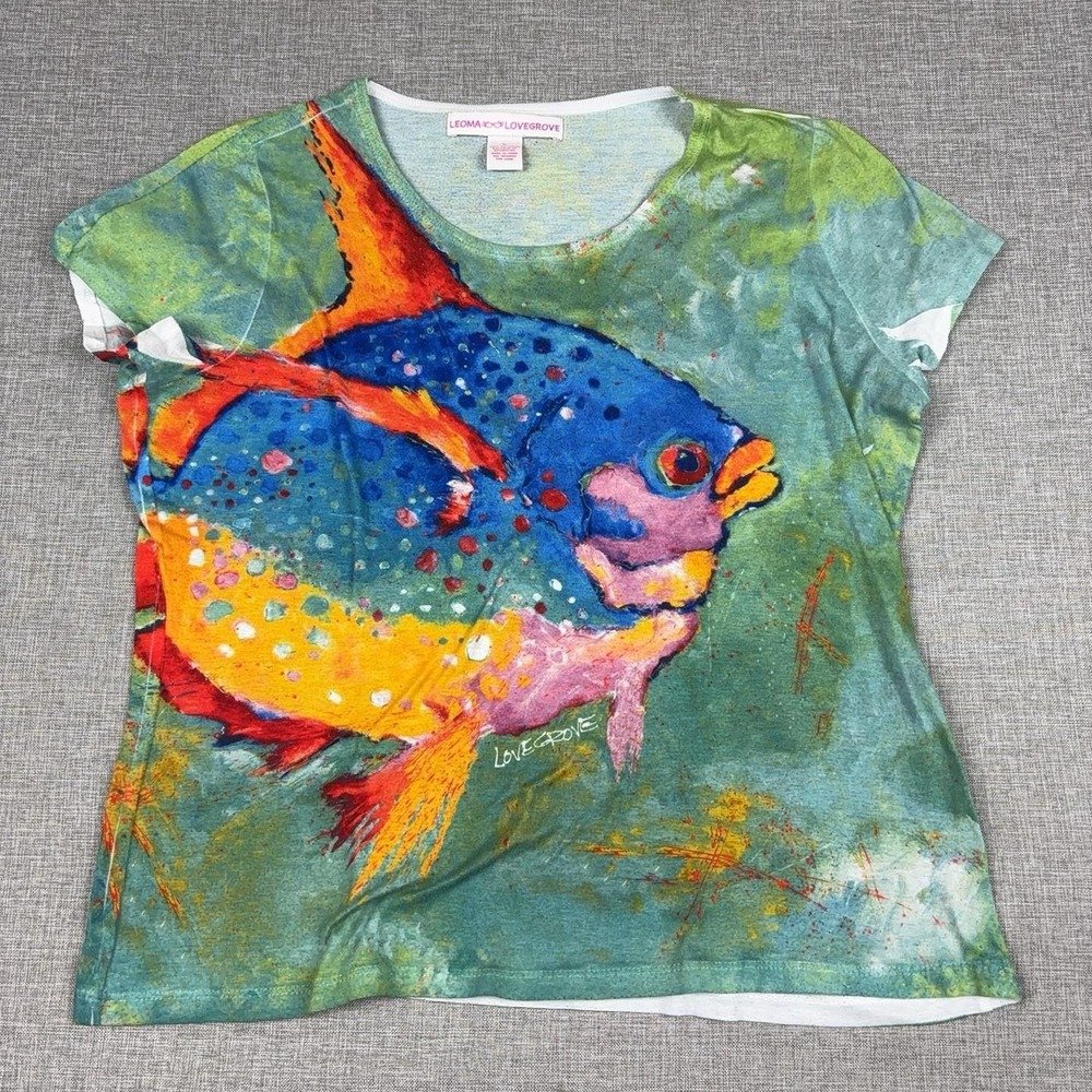 Leoma Lovegrove Shirt Womens XL Multicolor Crew Neck Short Sleeve Fish Graphic